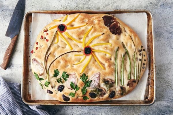 Garden Focaccia from kingarthurbaking for august feasts on budget